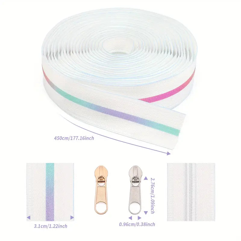Zipper Set Nylon #5 - Rainbow Zippy White (4.9 Yards & BONUS 10 Pulls)