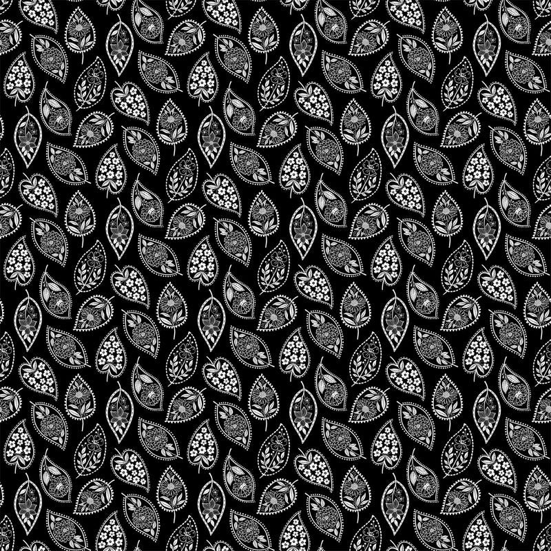 Ebony & Ivory - Stylized Leaf in Black - Northcott