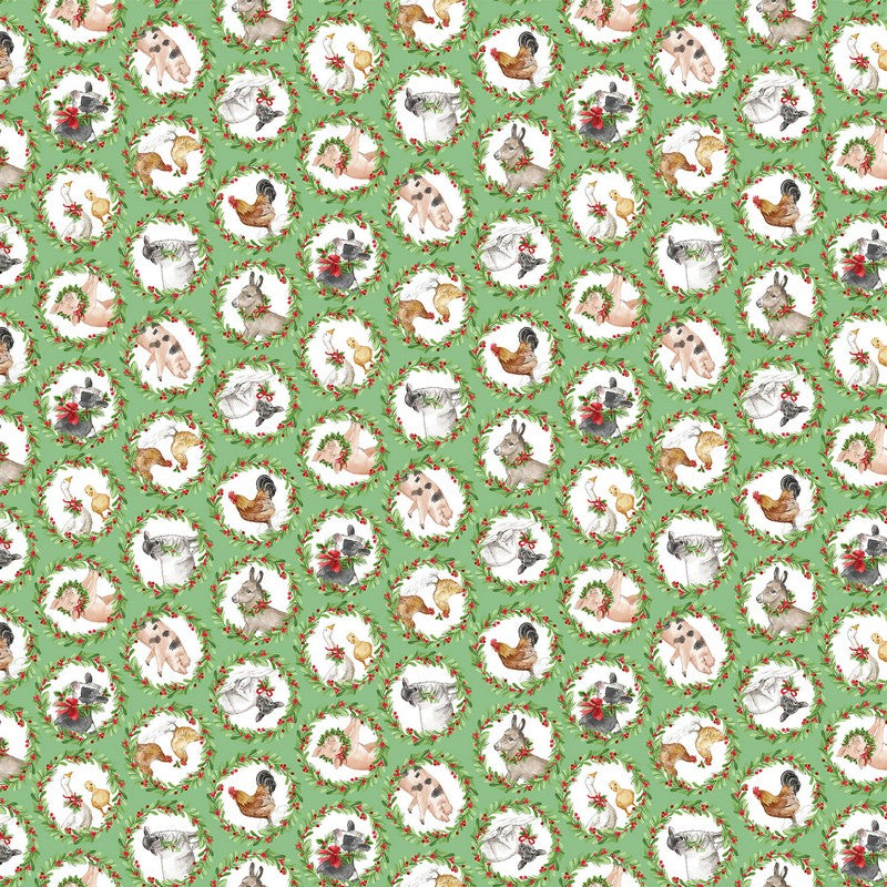 Barnyard Christmas - Animals Wreaths in Green - Deborah Edwards - Northcott