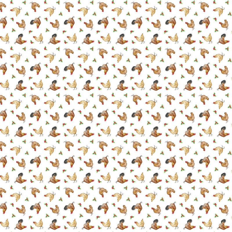 Barnyard Christmas - Chicken Toss in White - Deborah Edwards - Northcott (Pre-order: May 2026)