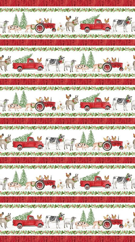 Barnyard Christmas - Border Stripe in White - Deborah Edwards - Northcott (Pre-order: May 2026)