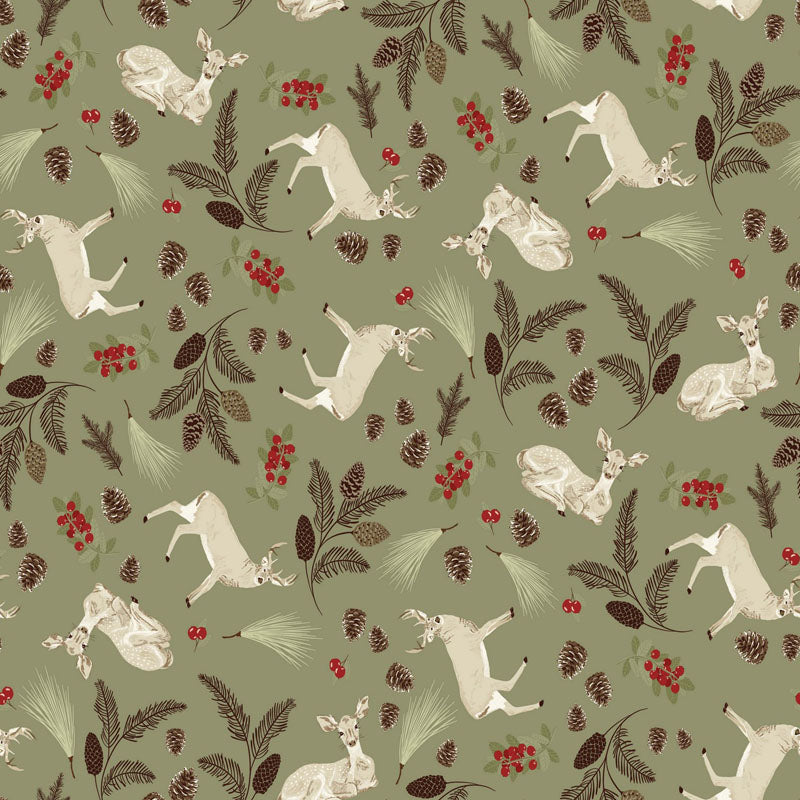 Canadian Woodlands - Deer in Green - Ginger Deverell - TrendTex Fabrics (Pre-order: Apr 2027)