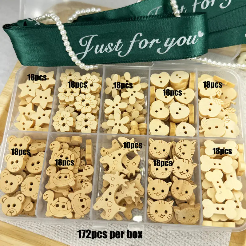 Wooden Assorted Cute Buttons 2 Hole with FREE Case! (172pc)