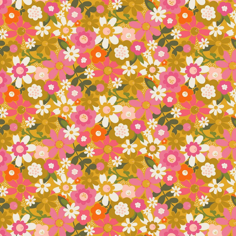 Joyful June - Floral in Ochre - Sarah Hearts - FIGO (Northcott)