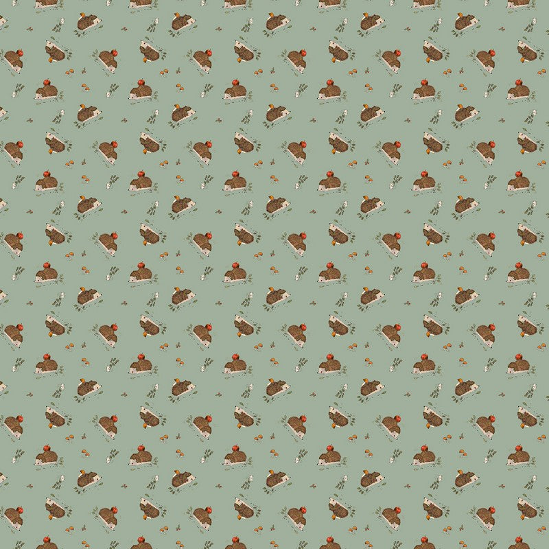 Blooming Tales CORDUROY - Hedgehogs in Sage - Bernadett Urbanovics - FIGO (Northcott) (Pre-order: Jun 2027)