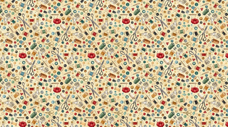 Stitchin' - Notions in Beige Multi - Deborah Edwards - Northcott - Dinkydoo Fabrics