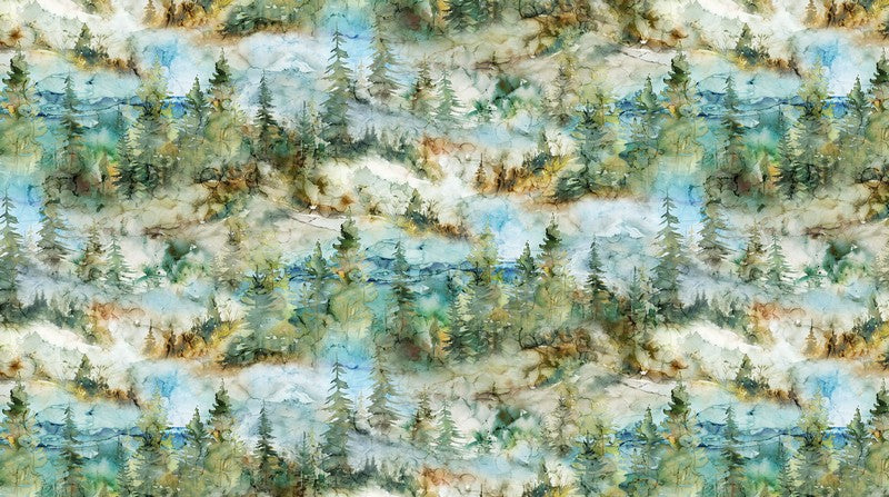 The Great Outdoors - Mountain Scene in Teal Multi - Deborah Edwards & Melanie Samra - Northcott