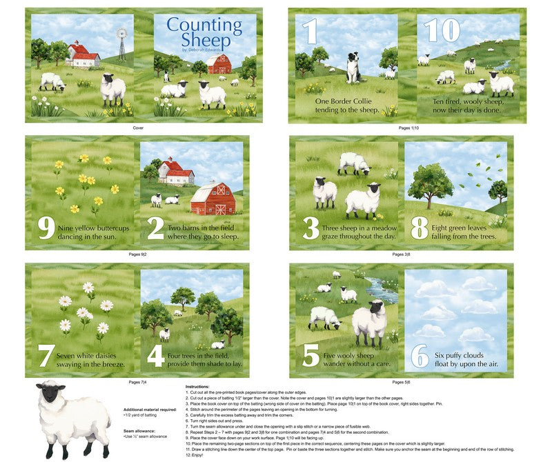 Counting Sheep - Book Panel in Green Multi - Deborah Edwards - Northcott (Pre-order: Dec 2025)