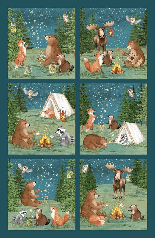Happy Camper - Night PANEL in Green - Deborah Edwards - Northcott (Pre-order: Jan 2027)