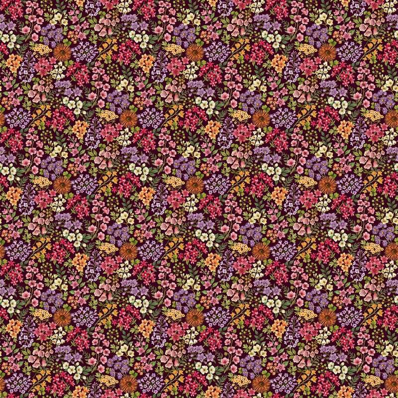 Botanica - Small Packed Floral in Maroon - Deborah Edwards & Kathryn Christenson - Northcott (Pre-order: Jan 2027)