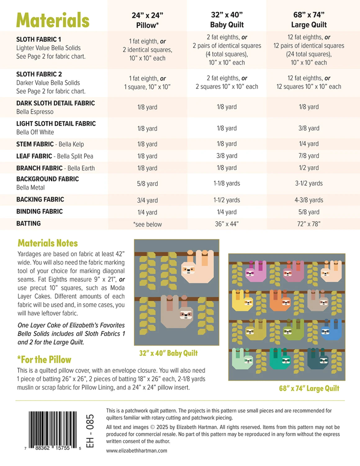 Snuggly Sloths - Quilt Pattern - Elizabeth Hartman