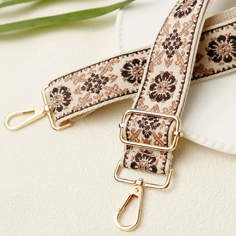 Nylon Adjustable Shoulder Strap - Beige & Black Floral (47")