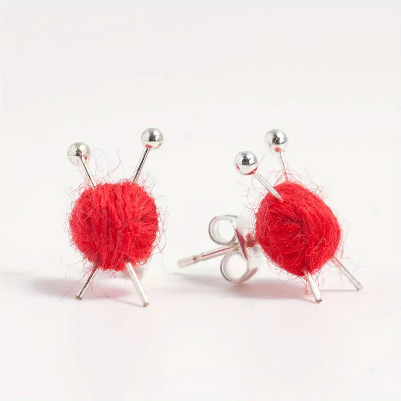 Cute Yarn Ball Earrings (Red)