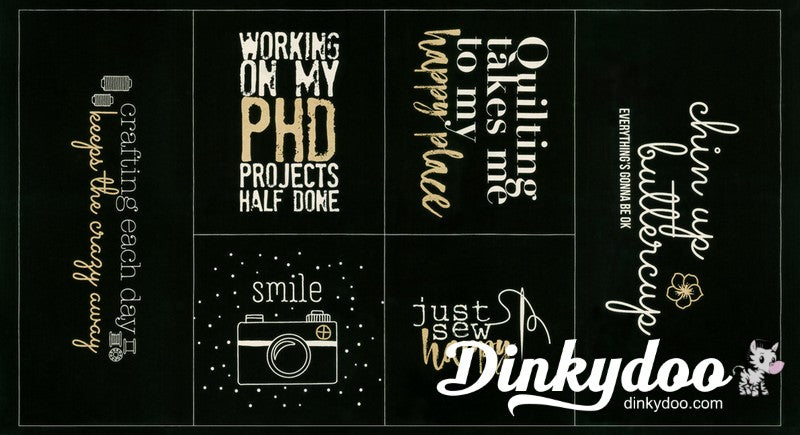 Sew Happy Canvas - Panel in Black Metallic - Zen Chic - Moda
