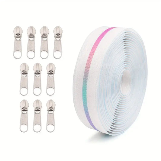 Zipper Set Nylon #5 - Rainbow Zippy White (4.9 Yards & BONUS 10 Pulls)