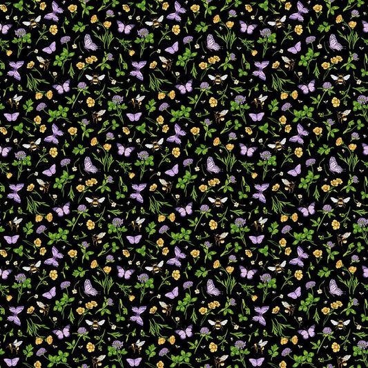 Honey & Clover - Flower Toss in Black Multi -  Deborah Edwards - Northcott (Pre-order: Apr 2024)