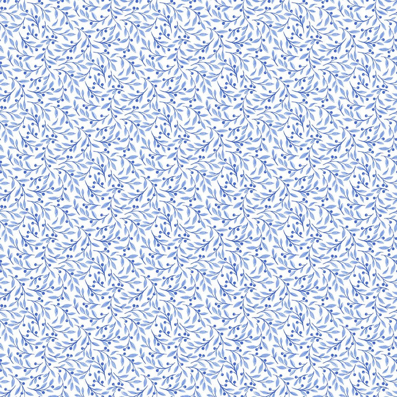 Delft Dynasty - Leaf Trail in White/Blue - Northcott