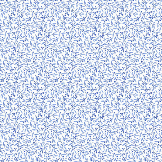 Delft Dynasty - Leaf Trail in White/Blue - Northcott