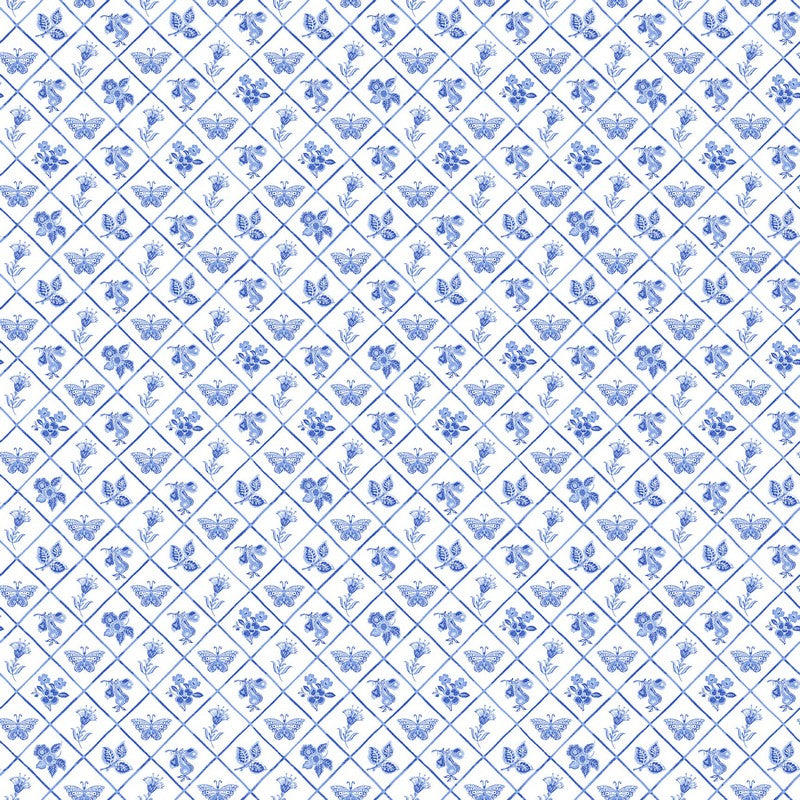 Delft Dynasty - Flower Grid in White/Blue - Northcott (Pre-order: Oct 2025)