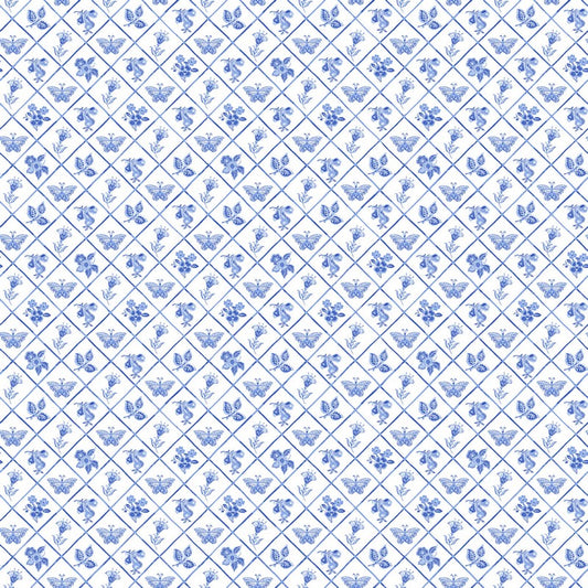 Delft Dynasty - Flower Grid in White/Blue - Northcott