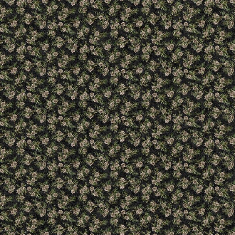 Bear Necessities - Tossed Pine Cones in Black Multi - Deborah Edwards - Northcott