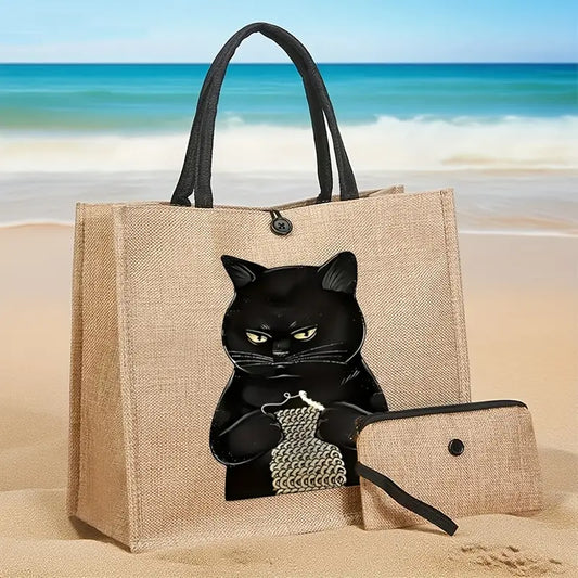 Sew n' Stash Tote Bag (With Inner Pocket) 2 Pc Set - Grumpy Crochet Kitty