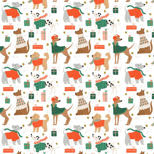 Merry Pawmas - Dapper Dogs in Snow METALLIC - Cotton + Steel