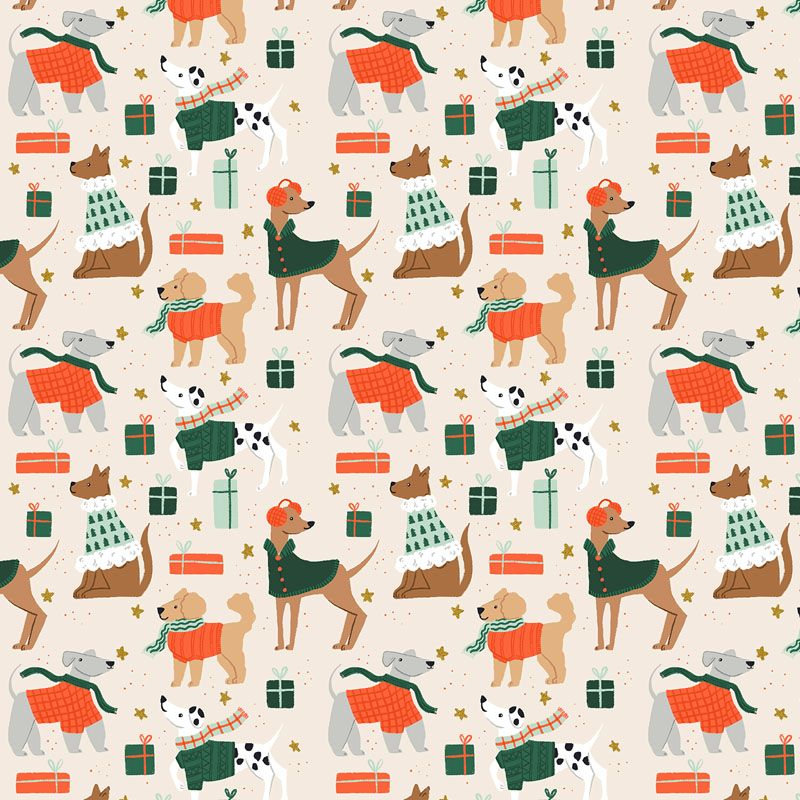 Merry Pawmas - Dapper Dogs in Cream METALLIC - Cotton + Steel