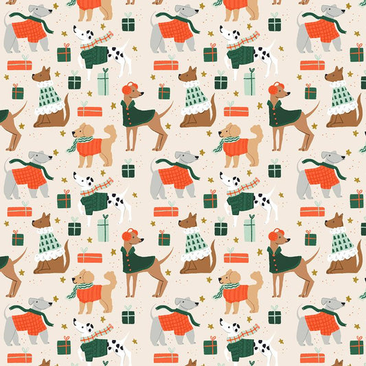 Merry Pawmas - Dapper Dogs in Cream METALLIC - Cotton + Steel