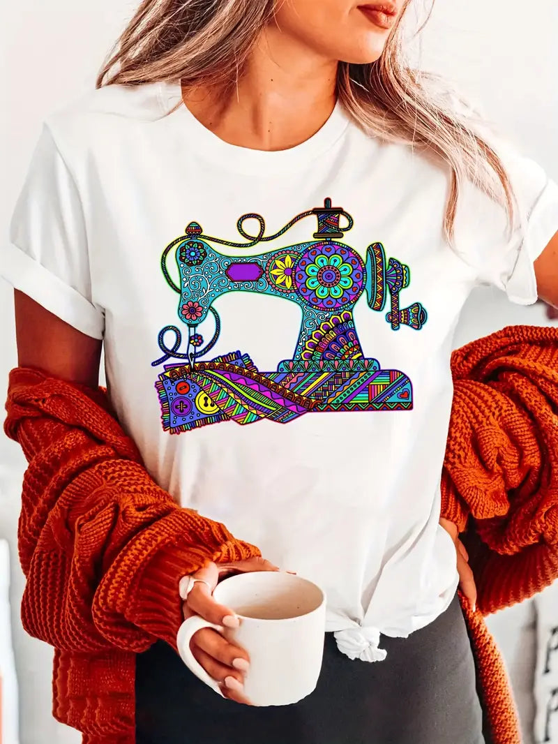 Quilting T-Shirt - Boho Vintage Sewing Machine White (100% Cotton) (Pre-order: Jan 2026)