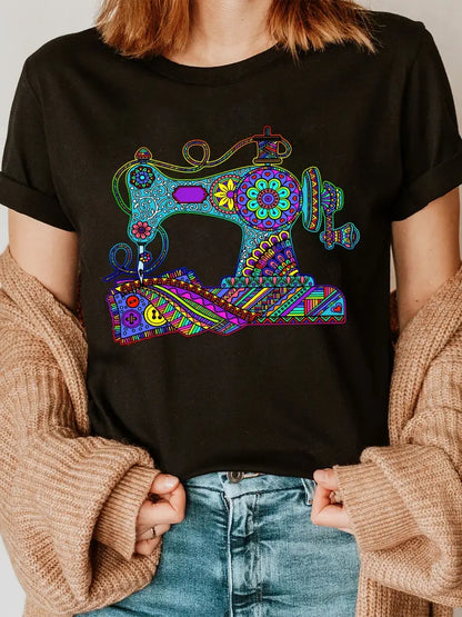 Quilting T-Shirt - Boho Vintage Sewing Machine Black (100% Cotton) (Pre-order: Jan 2026)