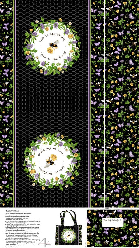 Honey & Clover Canvas - Bee Bag Panel in Black Multi -  Deborah Edwards - Northcott (Pre-order: Apr 2024)