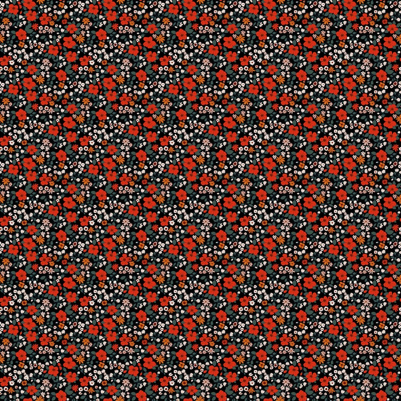 Blooming Tales CORDUROY - Red Field in Black - Bernadett Urbanovics - FIGO (Northcott) (Pre-order: Jun 2027)