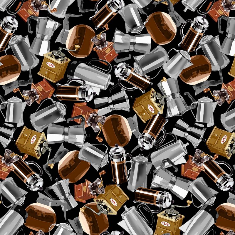 Espresso Yourself - Coffee Brewing in Black Silver - Michael Miller - Dinkydoo Fabrics