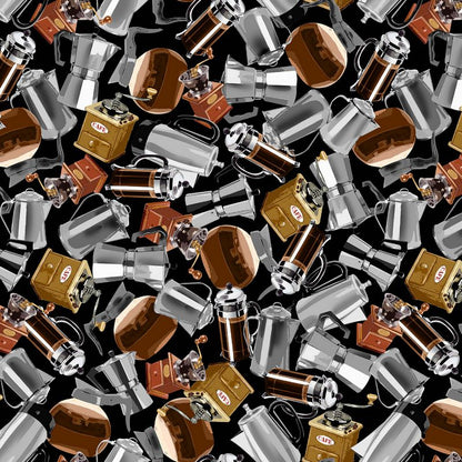 Espresso Yourself - Coffee Brewing in Black Silver - Michael Miller - Dinkydoo Fabrics
