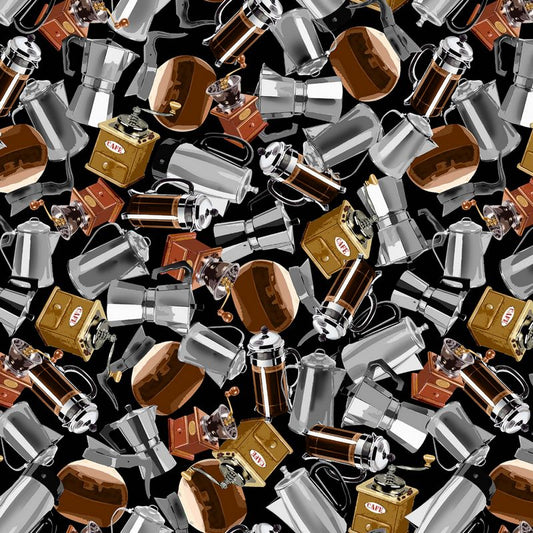 Espresso Yourself - Coffee Brewing in Black Silver - Michael Miller - Dinkydoo Fabrics