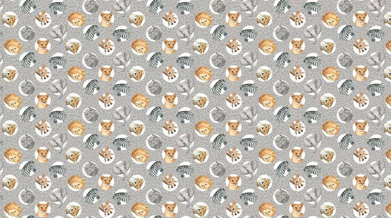 Wild One - Animal Heads in Medium Grey Multi - Deborah Edwards - Northcott