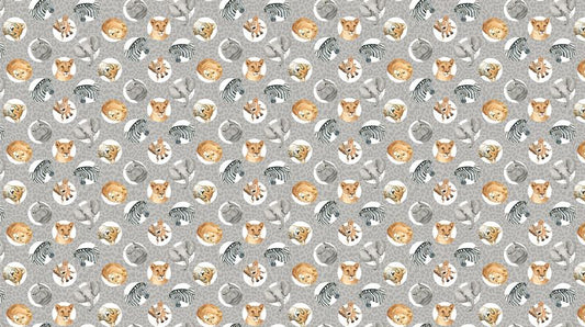 Wild One - Animal Heads in Medium Grey Multi - Deborah Edwards - Northcott