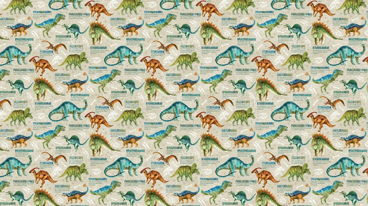 Dino Roar - Dino with Words in Beige Multi - Brett Blumenthal - Northcott (Pre-order: Nov 2025)