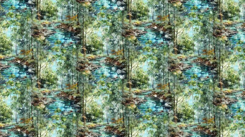Serenity Springs - Scenic in Green - Deborah Edwards & Melanie Samra - Northcott (Pre-order: Nov 2026) - Dinkydoo Fabrics
