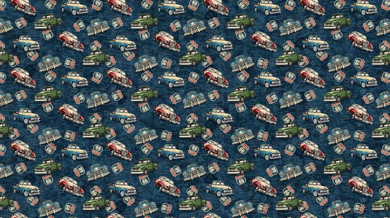 Historic Route 66 - Cat & Truck Toss in Navy - Deborah Edwards & Melanie Samra - Northcott (Pre-order: Aug 2026) - Dinkydoo Fabrics