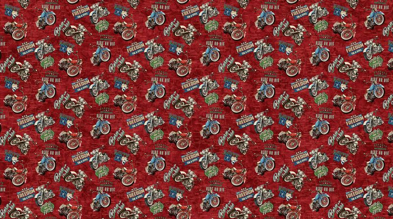 Historic Route 66 - Motorcycle Toss in Red - Deborah Edwards & Melanie Samra - Northcott (Pre-order: Aug 2026)