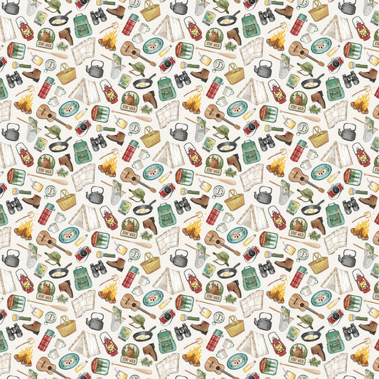 Happy Camper - Camping Gear in Cream - Deborah Edwards - Northcott (Pre-order: Jan 2027)