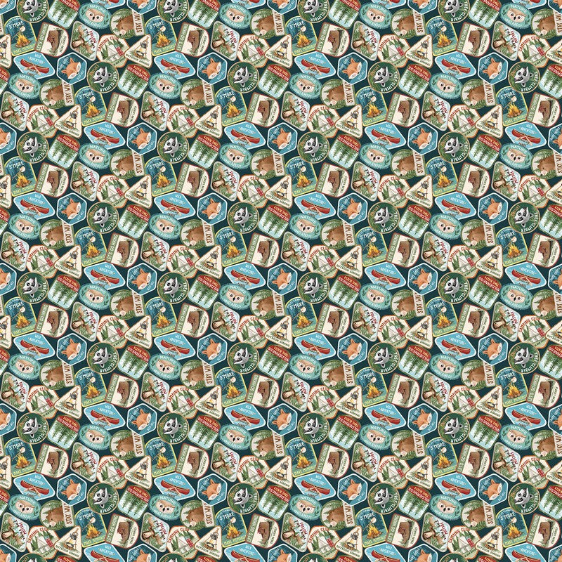 Happy Camper - Camping Badges in Teal - Deborah Edwards - Northcott (Pre-order: Jan 2027)
