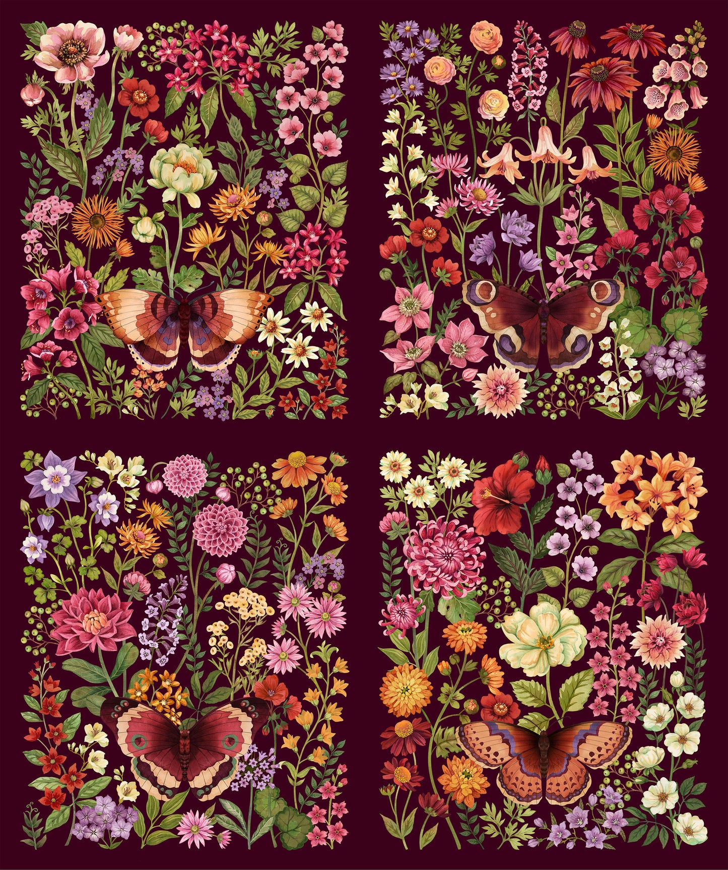 Botanica - Panel in Maroon - Deborah Edwards & Kathryn Christenson - Northcott (Pre-order: Jan 2027)