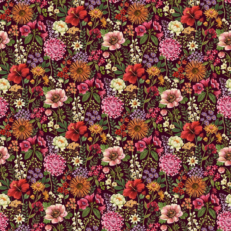 Botanica - Packed Floral in Maroon - Deborah Edwards & Kathryn Christenson - Northcott (Pre-order: Jan 2027)