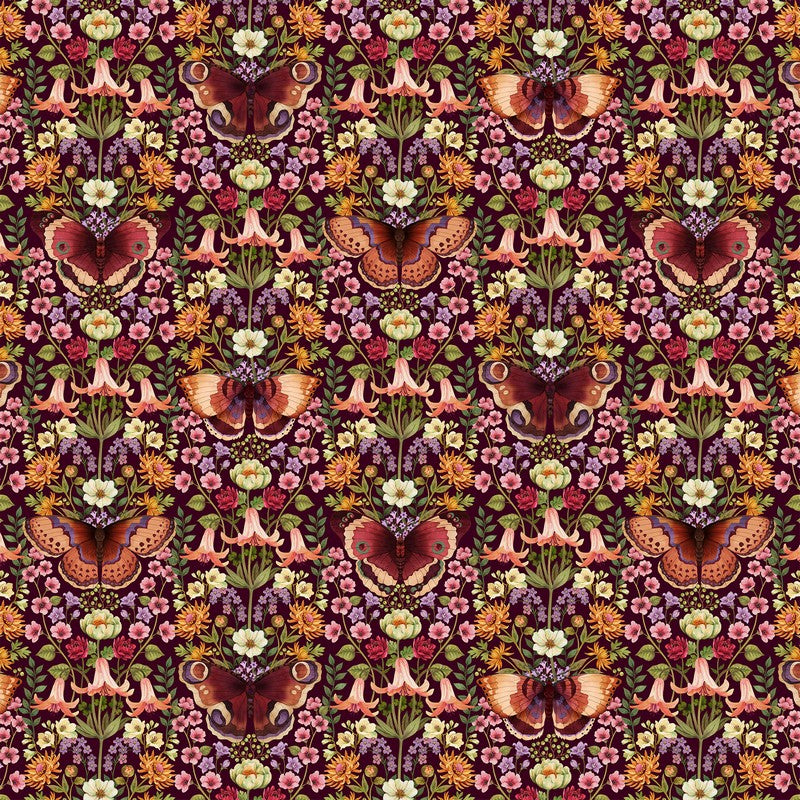 Botanica - Butterfly Damask in Maroon - Deborah Edwards & Kathryn Christenson - Northcott (Pre-order: Jan 2027)