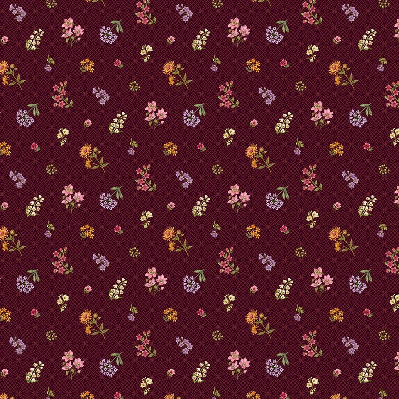 Botanica - Tossed Floral in Maroon - Deborah Edwards & Kathryn Christenson - Northcott (Pre-order: Jan 2027)