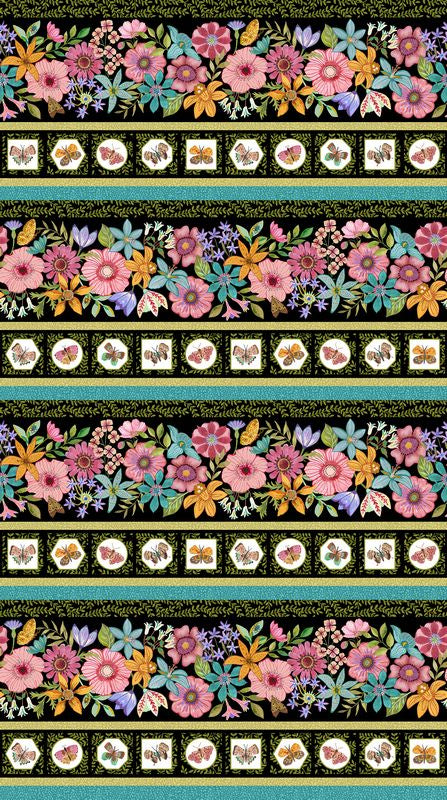 Bugs & Blooms - Border Stripe in Black - Pat Scheurich - Northcott (Pre-order: May 2027)