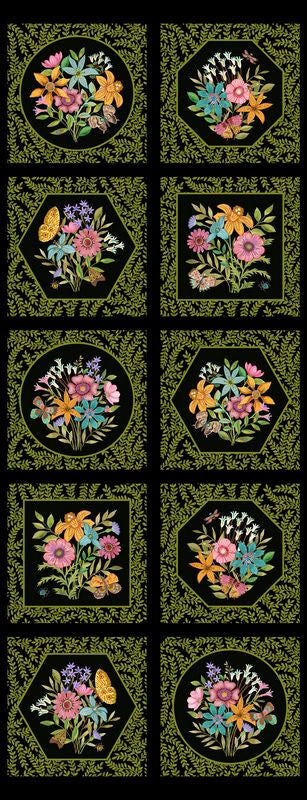 Bugs & Blooms - Blocks PANEL in Black - Pat Scheurich - Northcott (Pre-order: May 2027)